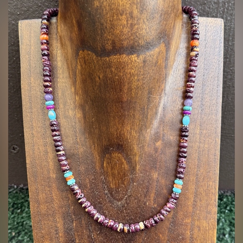 Purple Spiny Oyster Multi Stone Color Sterling Silver Bead Necklace 18 Inch Gift